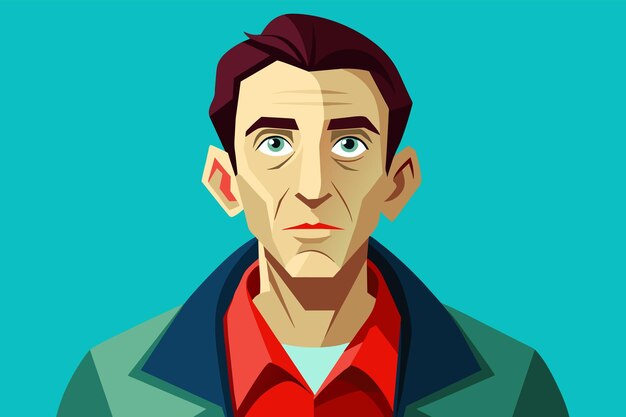 Illustration of a person with dark red hair wearing a green coat red scarf and a blue shirt set against a teal background