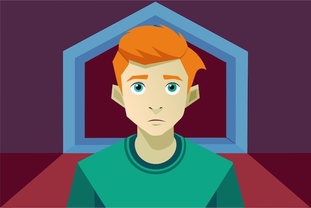 Vettore illustration of a person with orange hair wearing a green top centered in front of a geometric purple and bluetoned background
