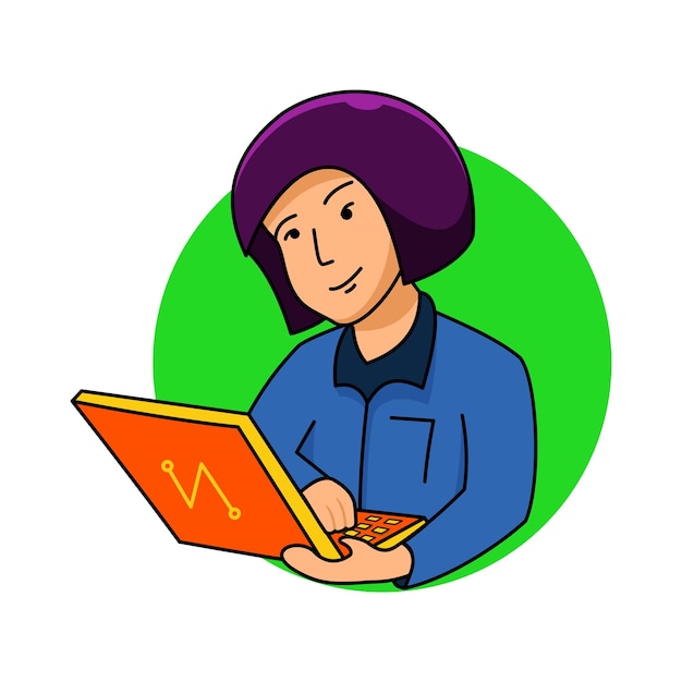 Illustrazione della persona che lavora su un computer, colori blu, gialli e viola