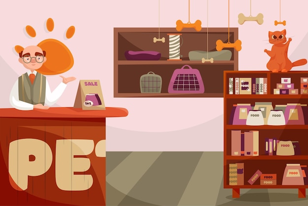 Vettore illustrazione negozio di animali vecchio gatto scaffali cibo per animali cartone animato