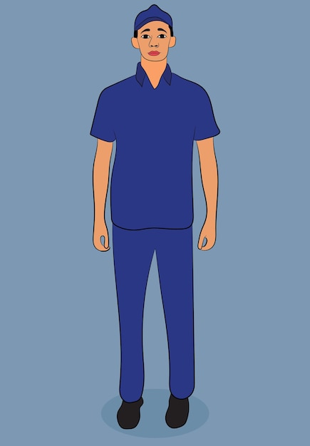 파란색 유니폼을 입은 주유 펌프 직원의 그림