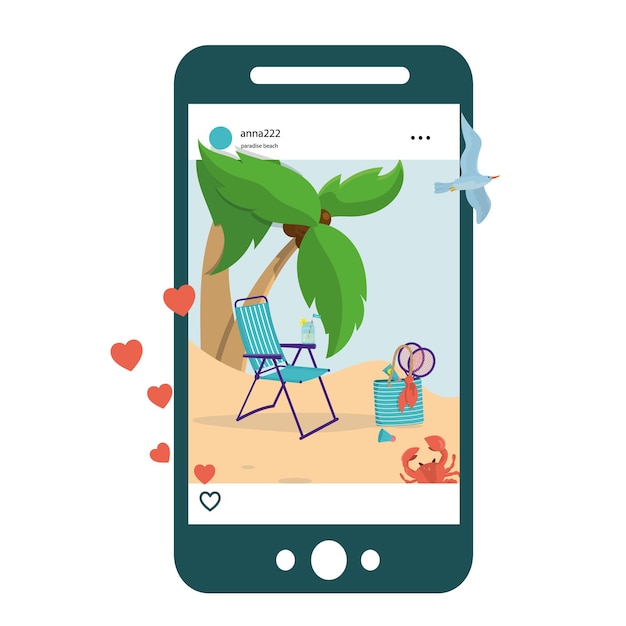 Illustration, phone frame with a beach photo in social networks. Cartoon-style drawing