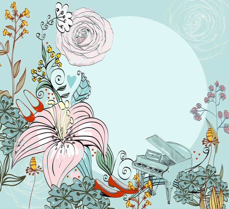 Vector ピアノと咲く夏の花のイラスト。