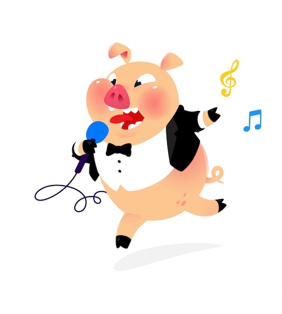 Vector illustration of a pig with a microphone and in a tail coat.