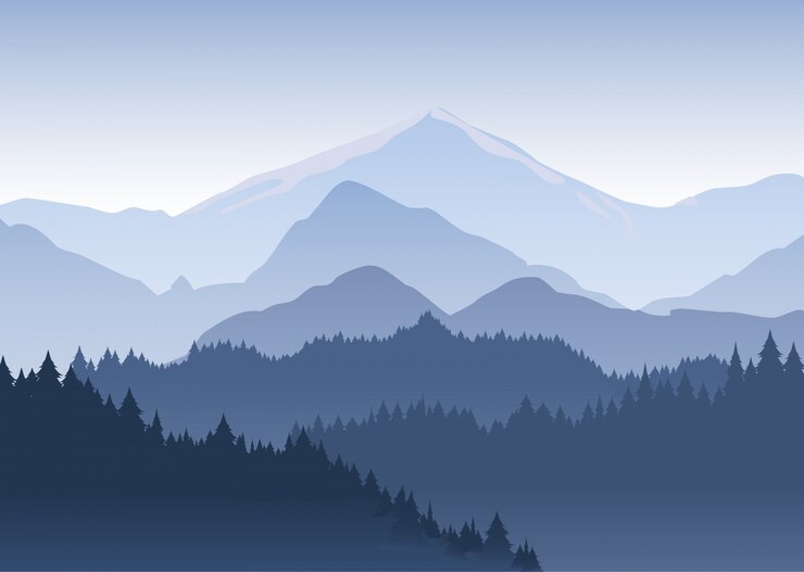 Vector 濃い霧の水色の山の背景に遠くに後退する松の木の森のイラスト。