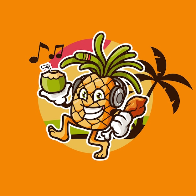 illustration of a pineapple holding a chicken and a coconut vector