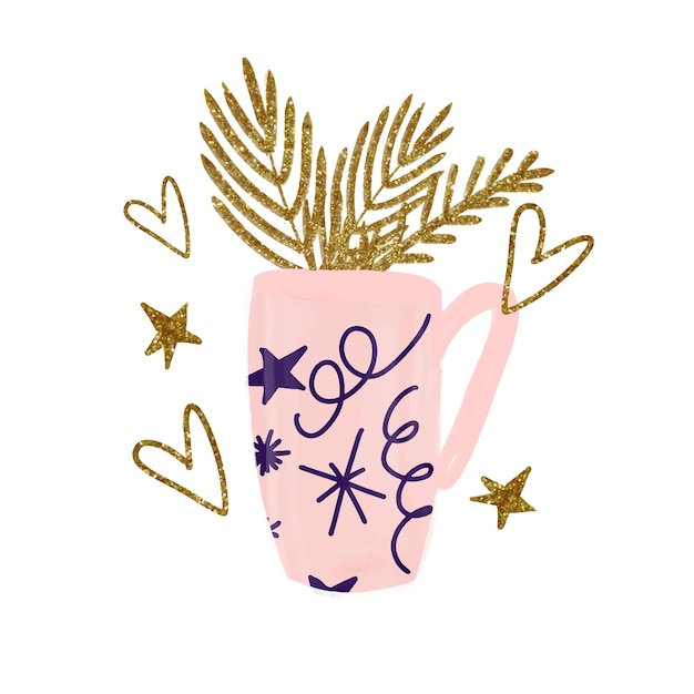 Illustration of a pink cup in a watercolor style with branches hearts and stars in a gold texture on a white background