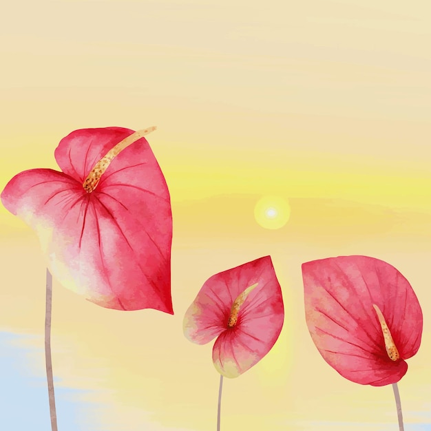 Illustration of pink flowers with a sunset background