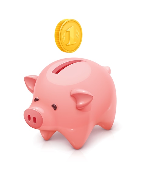 Vector illustration of a pink piggy bank with a golden coin.