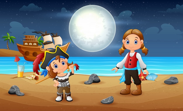 Иллюстрация пиратских детей на пляже ночью