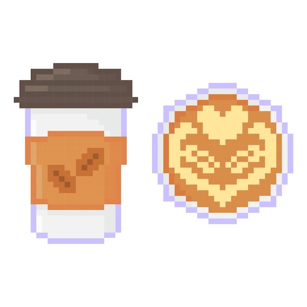 Vector illustration of pixelated coffee cup and latte