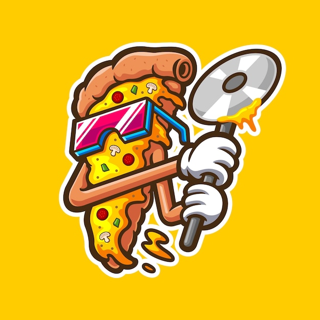 Illustration of pizza character with pizza cutter