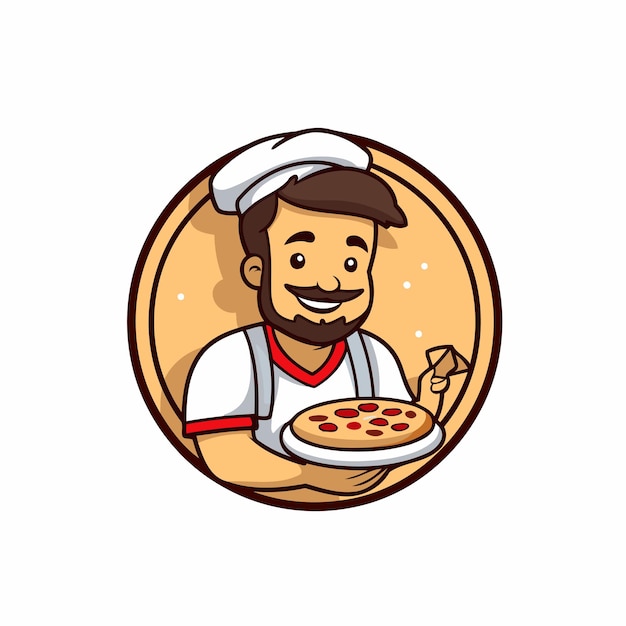 Illustration of a pizza chef with pizza in a round plate