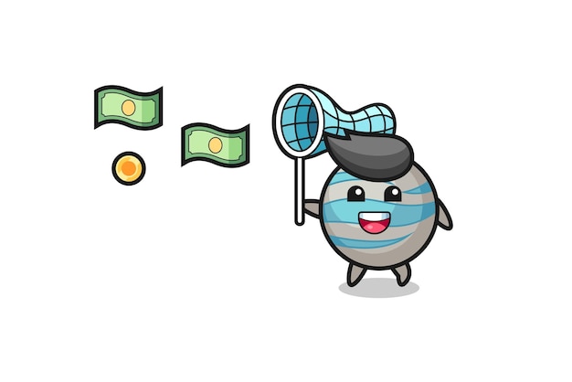 Illustration of the planet catching flying money , cute design