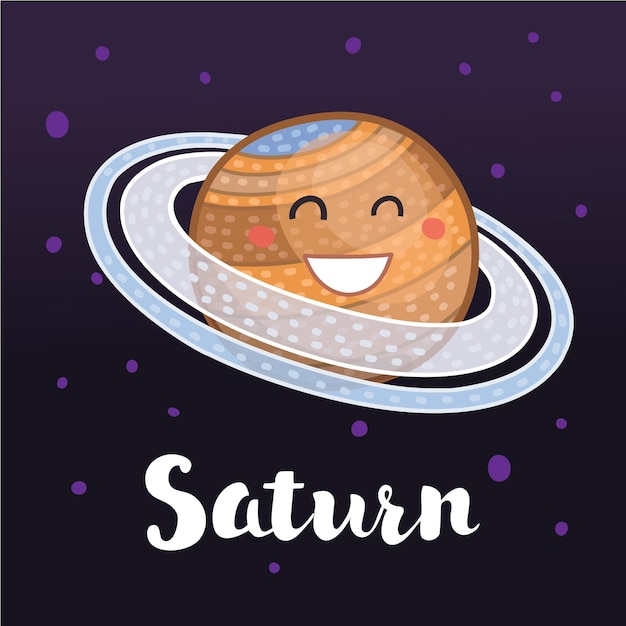 Illustrazione del pianeta saturno con la faccia sorridente in stile cartone animato piatto retrò nello spazio