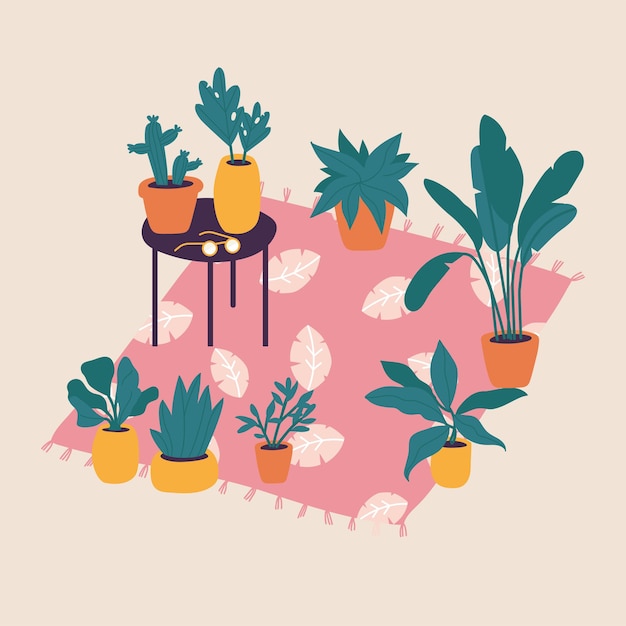 Illustrazione piante nella raccolta di vasi. decorazioni per la casa alla moda con piante, cactus, foglie tropicali.