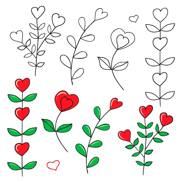 Illustration of plants with leaves and hearts.