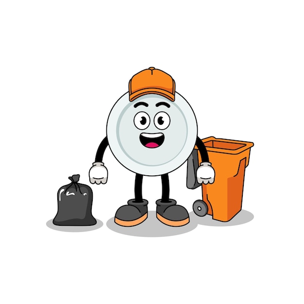 Illustration of plate cartoon as a garbage collector