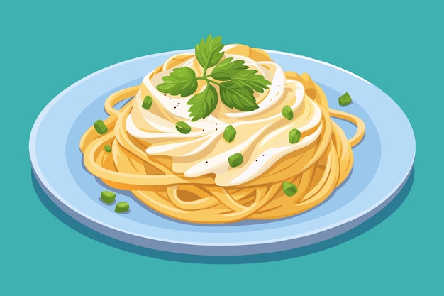 Vettore illustrazione di un piatto di spaghetti coperto di salsa di crema e guarnito con foglie di basilico fresco e cipolle verdi tritate su uno sfondo blu