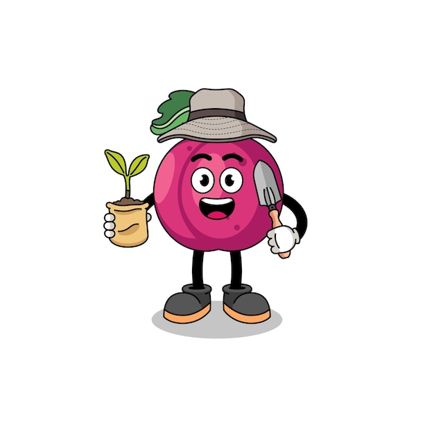 Illustration of plum fruit cartoon holding a plant seed