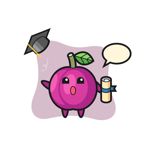 Illustration of plum fruit cartoon throwing the hat at graduation