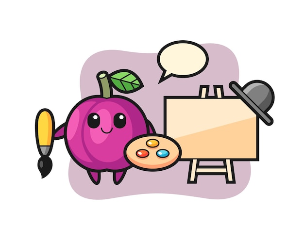 Vector illustration of plum fruit mascot as a painter