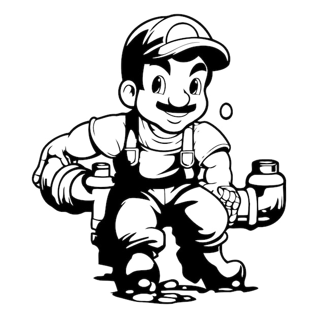 Illustration of a plumber with a bottle of water on a white background