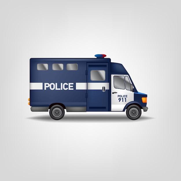 Vettore auto della polizia illustrazione. furgone realistico. modello di camion blu di servizio