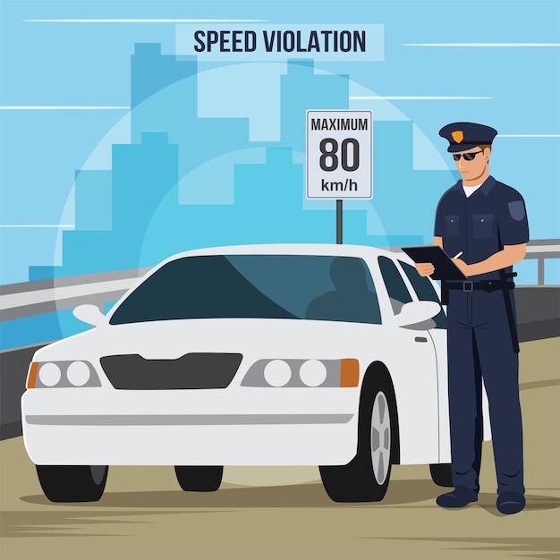 Vector illustration of a police officer giving a driver a traffic violation ticket