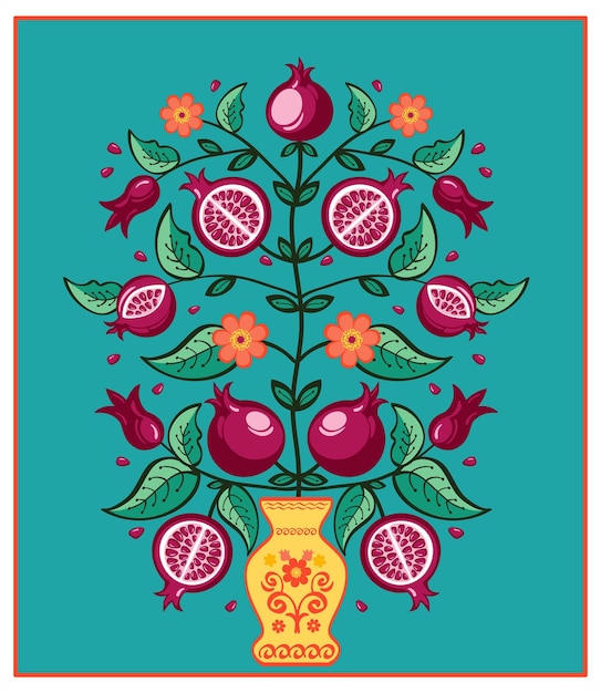 Vettore illustrazione di un albero di melograno con fiori e frutti