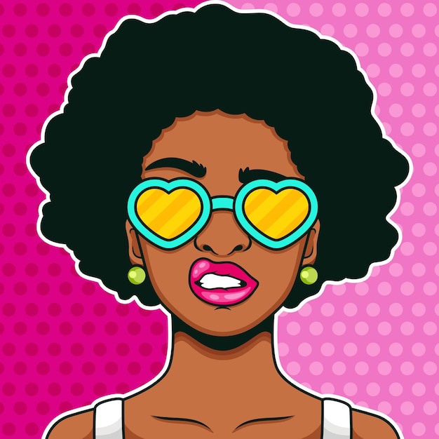 Illustration of pop art woman with curly hair wear love glasses. Illustration with pop art retro comic style