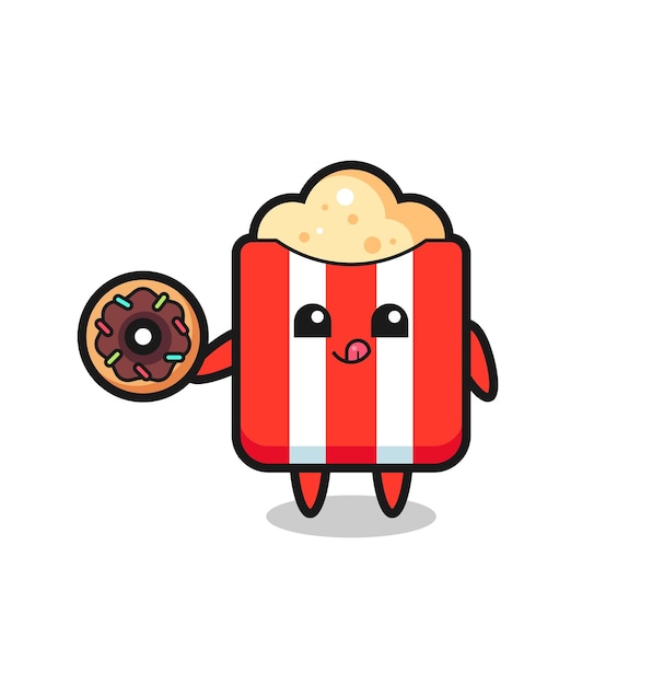 Illustration of an popcorn character eating a doughnut