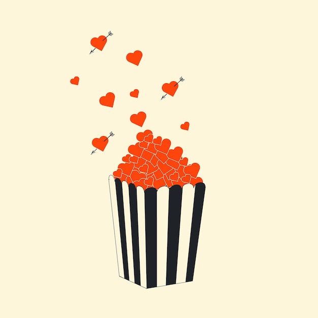 Иллюстрация попкорна, от которого вырываются сердца. Образы романтического кино. Вектор