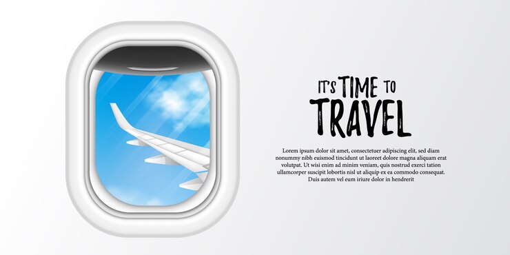Vector illustration of porthole airplane window with blue sky and airplane wing view.