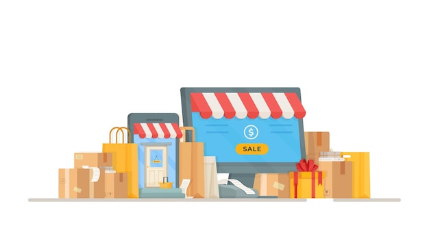  illustration of a post office register. Online shopping. Shopping in the store. Drawing of bags and boxes standing at the entrance to the store.