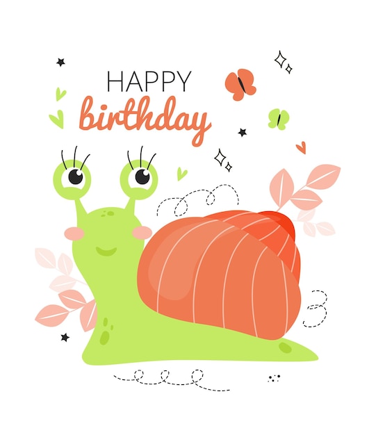 Illustration postcard happy birthday with a snail butterflies hearts leaves Happy birthday greeting card vector