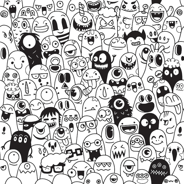 Illustration poster of a monster monster cartoon characters in a seamless pattern various monster poses and expressions simple colorflat design