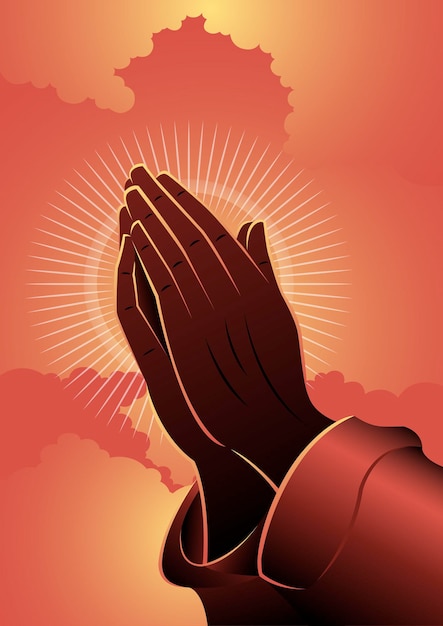 붉은 구름 배경에 기도하는 손의 그림. 성경 시리즈
