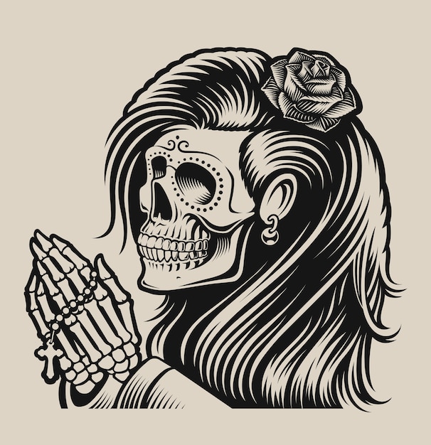  illustration of a praying skeleton in chicano tattoo style on a white background