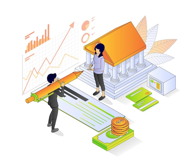 Illustration of premium vector isometric style about banking and finance with a character