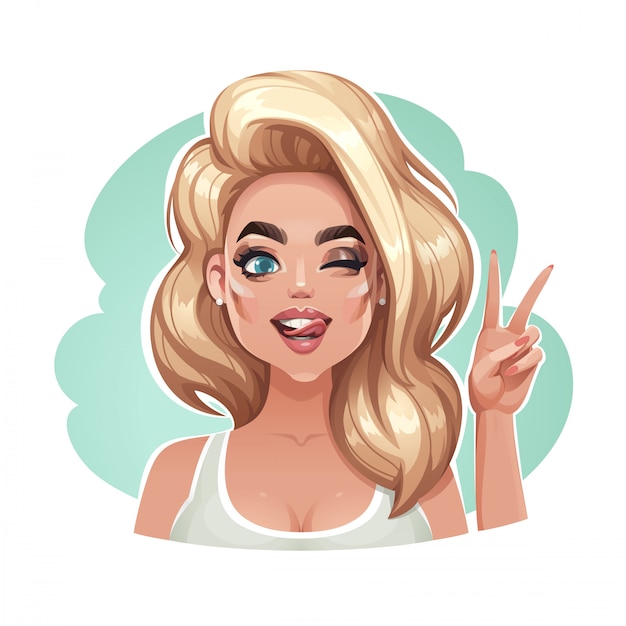 Vector illustration of a pretty blonde winking and flashing peace sign.