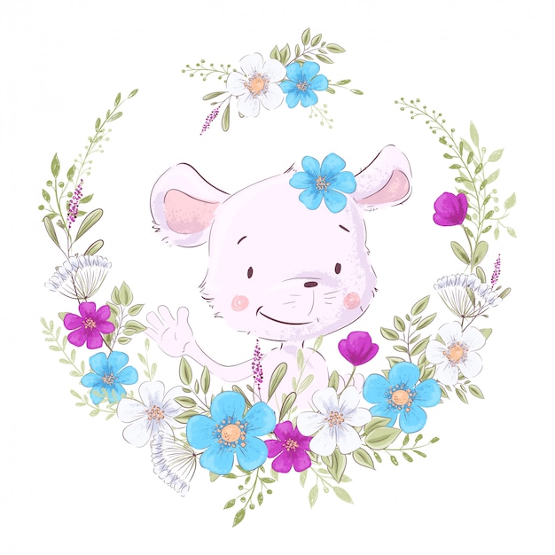 Illustration of a print for the children s room clothes cute mouse in a wreath of purple, white and blue flowers.