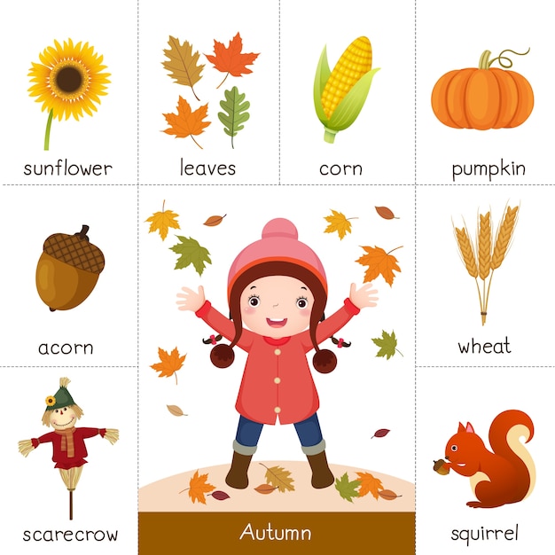 Illustrazione della scheda flash stampabile per l'autunno e la bambina che gioca con le foglie d'autunno