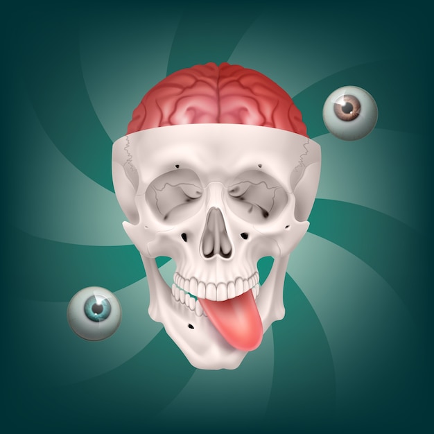 illustration of psychedelic crazy skull with visible brain
