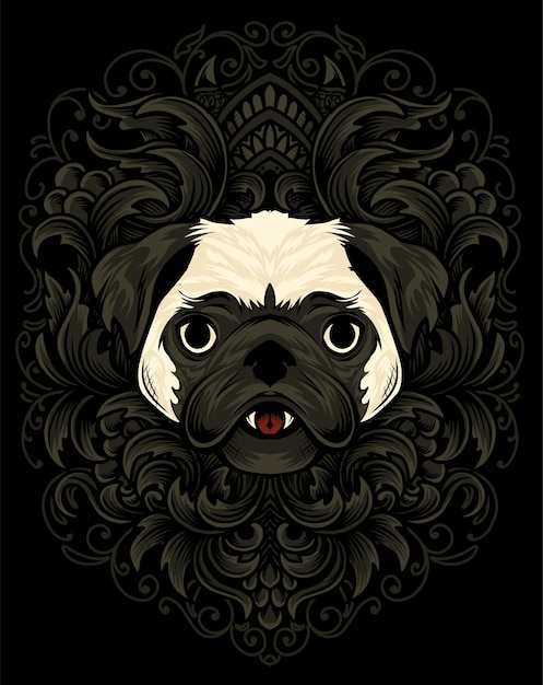 Illustration pug dog head with engraving ornament