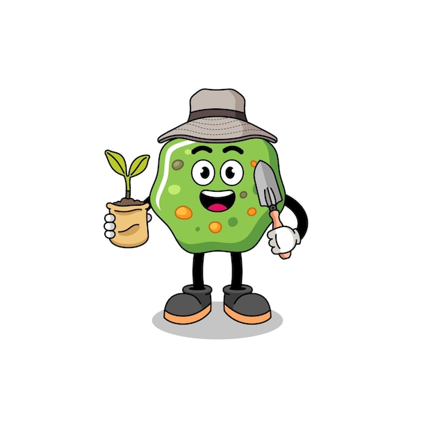 Illustration of puke cartoon holding a plant seed