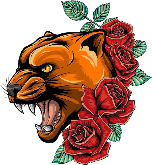 Иллюстрация головы пумы с розами