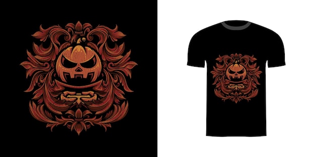 Иллюстрация тыквы хэллоуин с гравировкой орнамента для дизайна футболки
