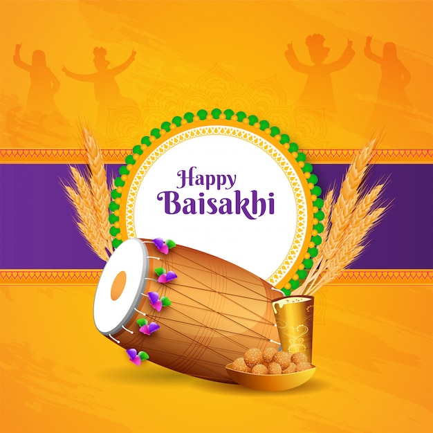 Иллюстрация панджабского фестиваля Baisakhi или Vaisakhi с барабаном, Wheatears, сладостями и напитками на людях, танцующих силуэт на желтом и фиолетовом фоне.