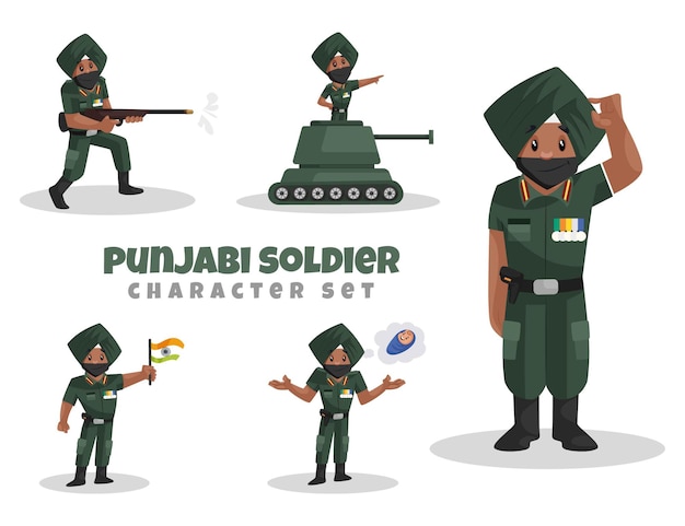 Illustrazione del set di caratteri del soldato punjabi